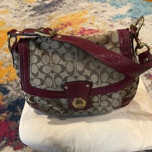 Coach Signature Canvas and Burgundy Leather Bag